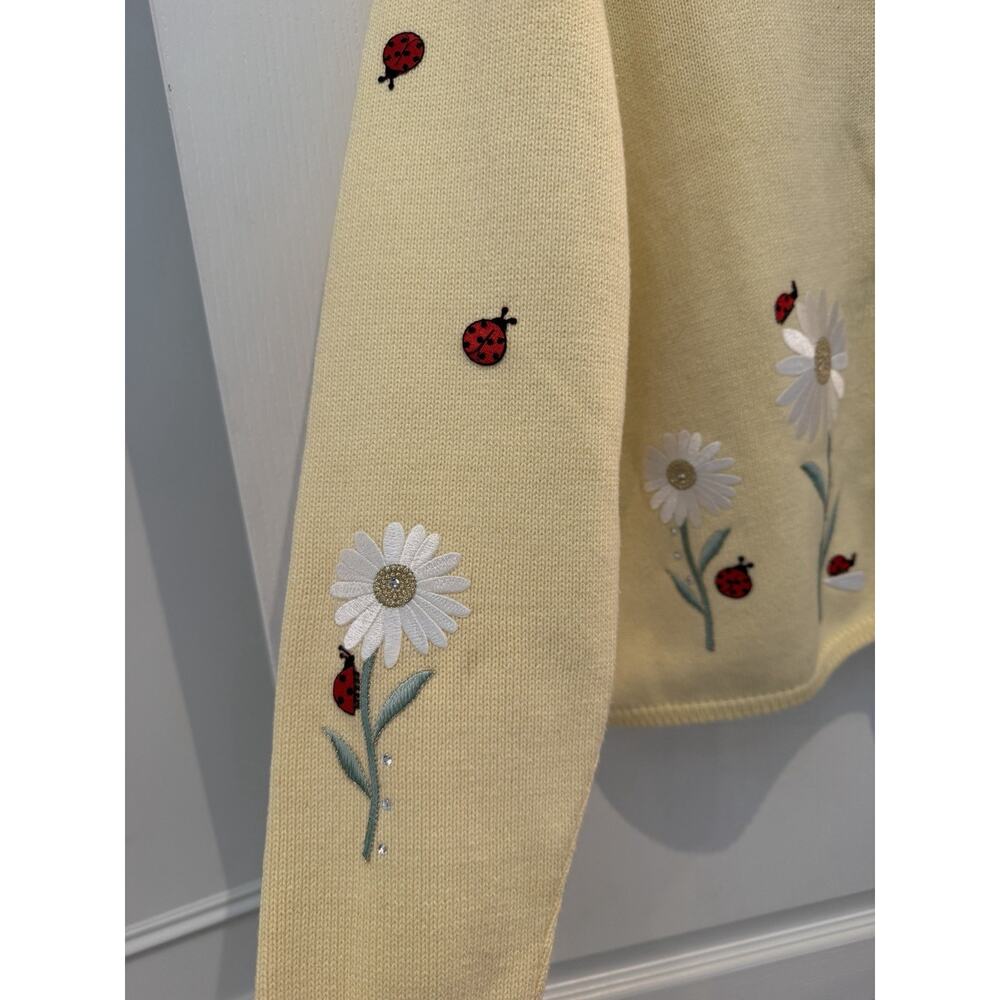 Vintage Tia Designs Cardigan L Yellow Daisy Ladybug Embroidered Cotton USA - Picture 3 of 13